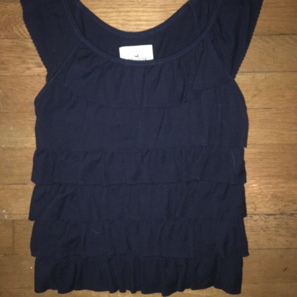 Womens HOLLISTER solid dark navy blue ruffle top shirt size small